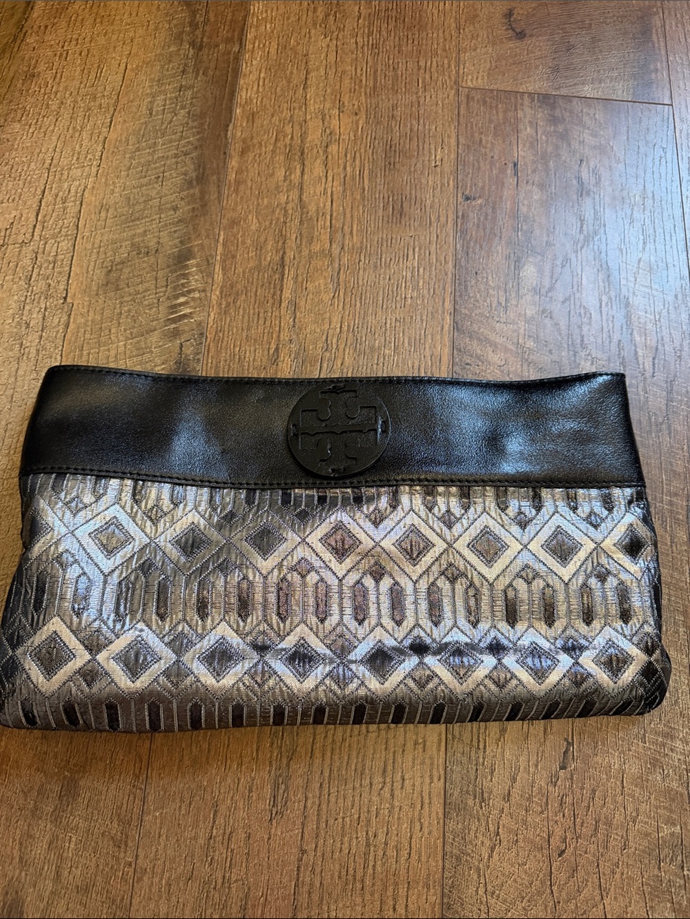 Tory Burch Black Leather & Metallic Geometric Clutch